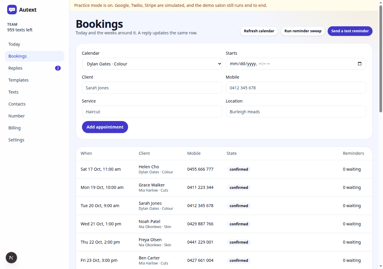 Bookings list with confirmed, cancelled, and missed reminders
