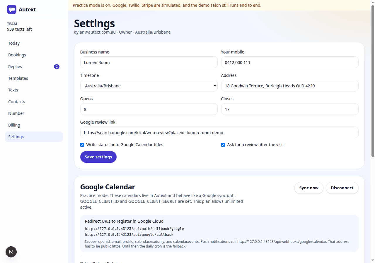 Settings showing Google Calendar practice sync